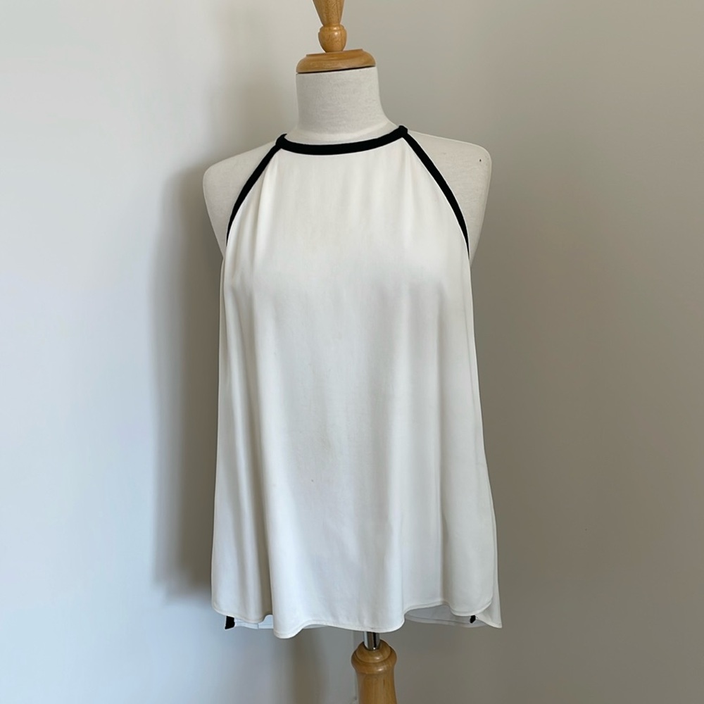 ZARA Woman, White with Black Trim High Neck Tie Back Top. Size L